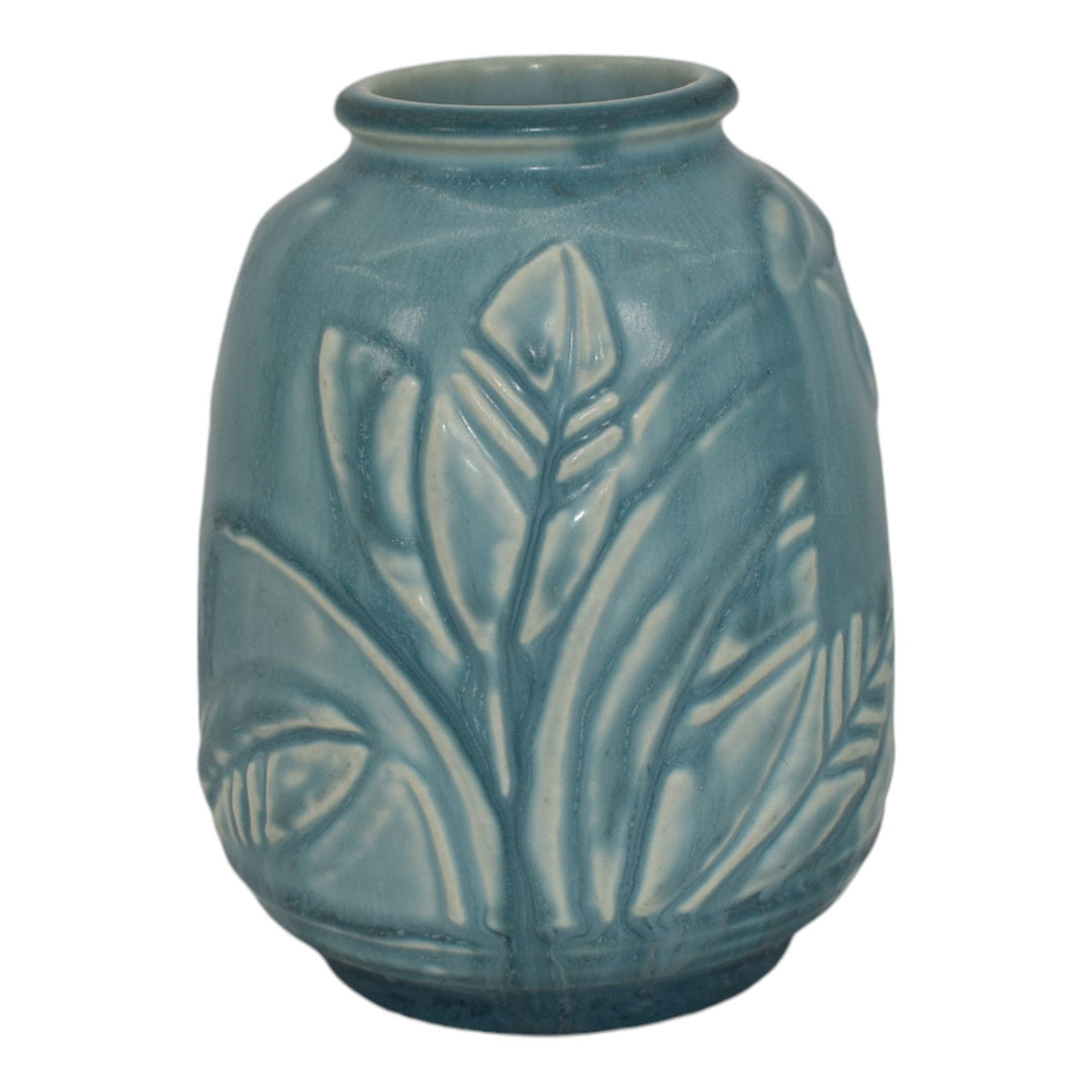 Rookwood 1931 Vintage Art Pottery Blue Embossed Leaves Ceramic Vase 6233