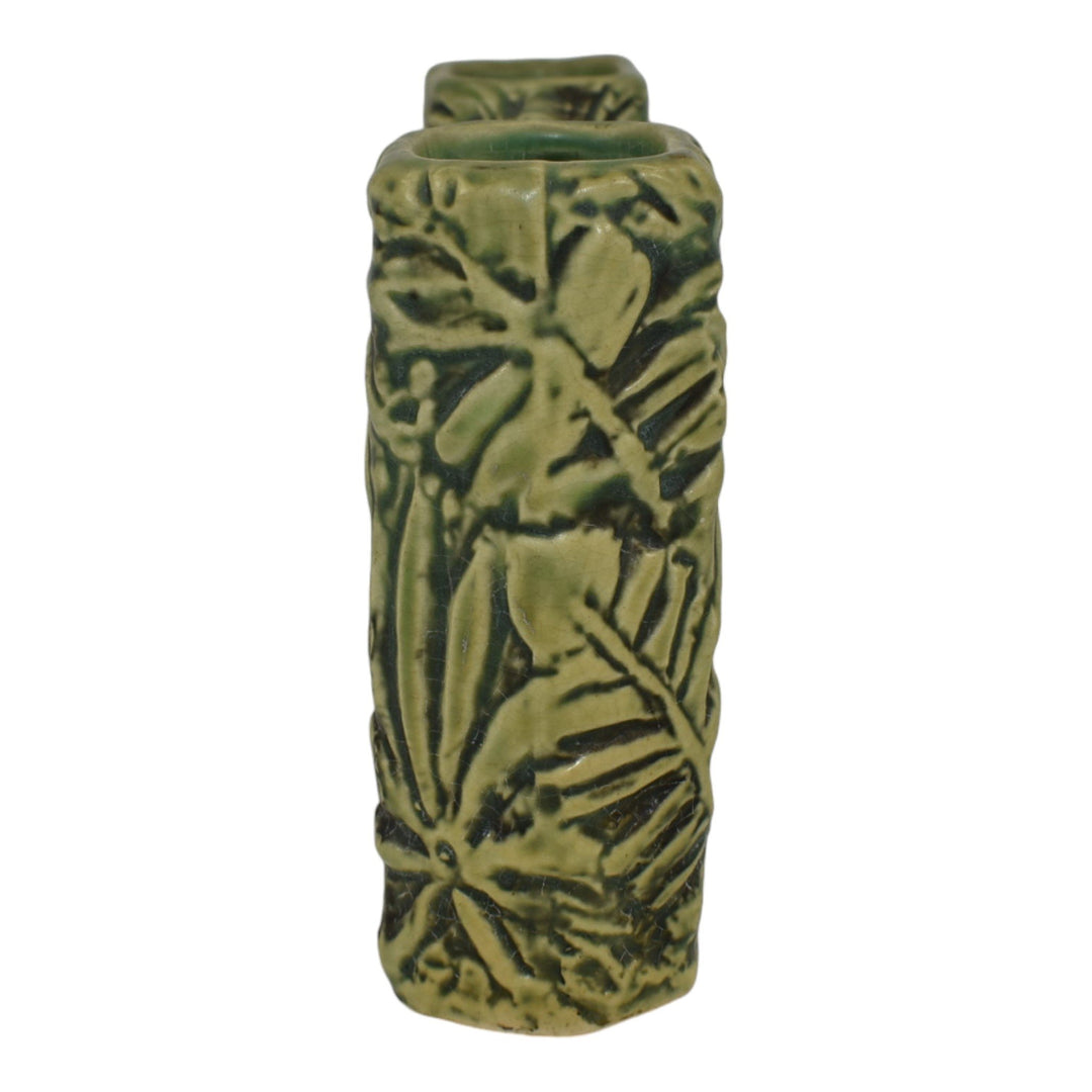 Weller Marvo 1920s Vintage Art Pottery Green Ceramic Double Bud Vase - Just Art Pottery