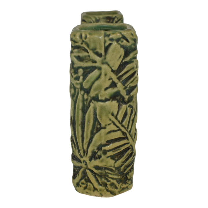 Weller Marvo 1920s Vintage Art Pottery Green Ceramic Double Bud Vase - Just Art Pottery