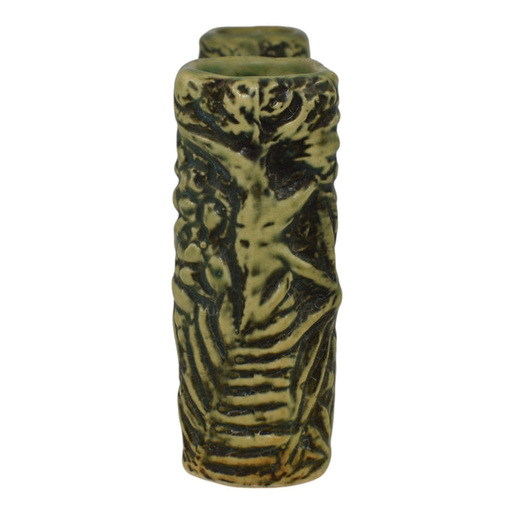 Weller Marvo 1920s Vintage Art Pottery Green Ceramic Double Bud Vase - Just Art Pottery