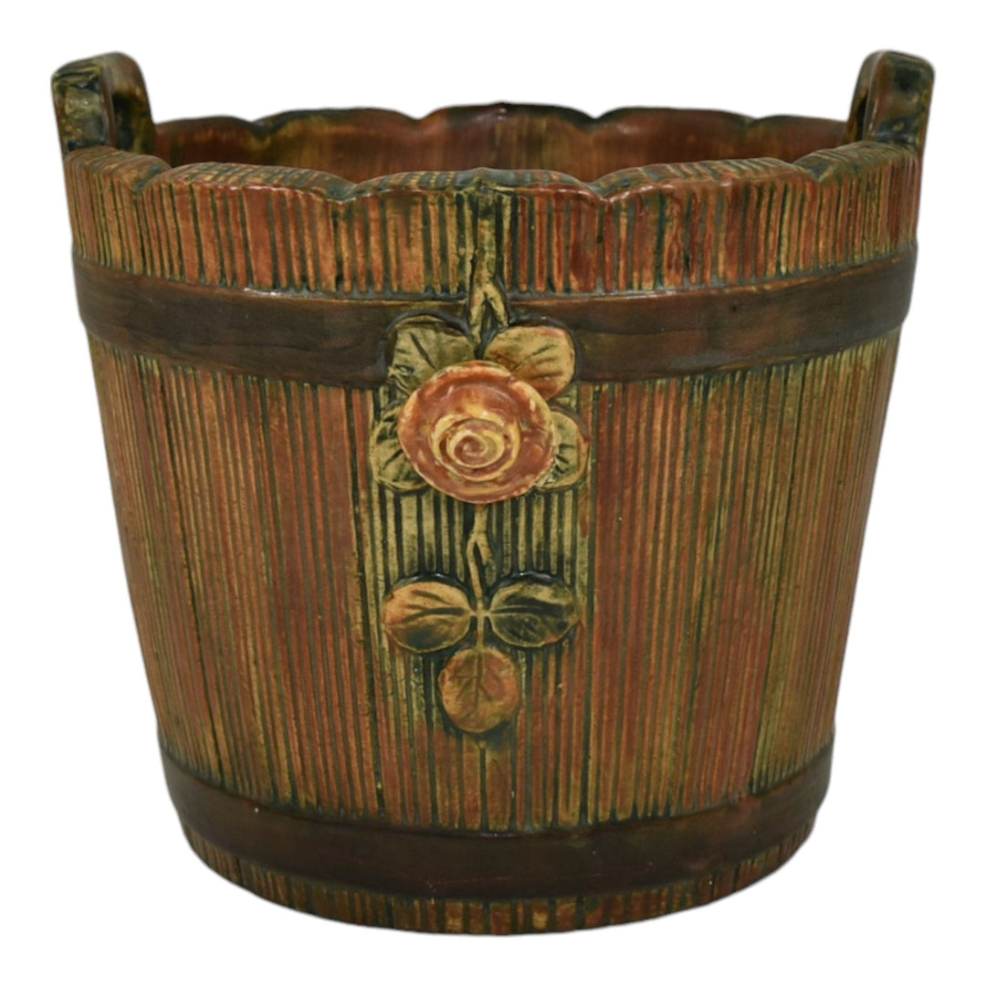 Weller Woodrose 1910s Vintage Art Pottery Brown Handled Basket Ceramic Planter