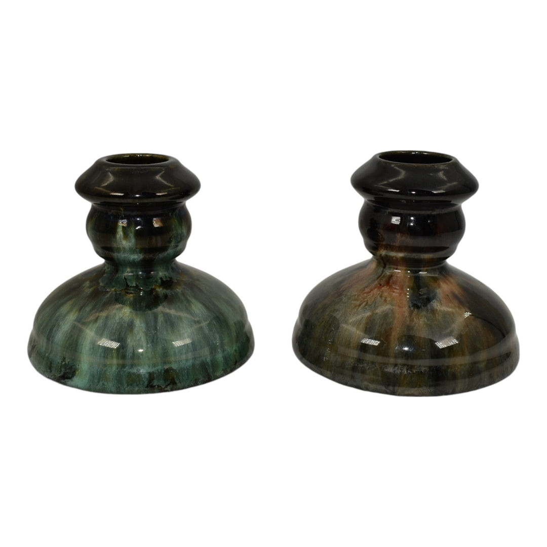 Brush McCoy Onyx 1930s Art Deco Pottery Green Brown Ceramic Candle Holders - Just Art Pottery