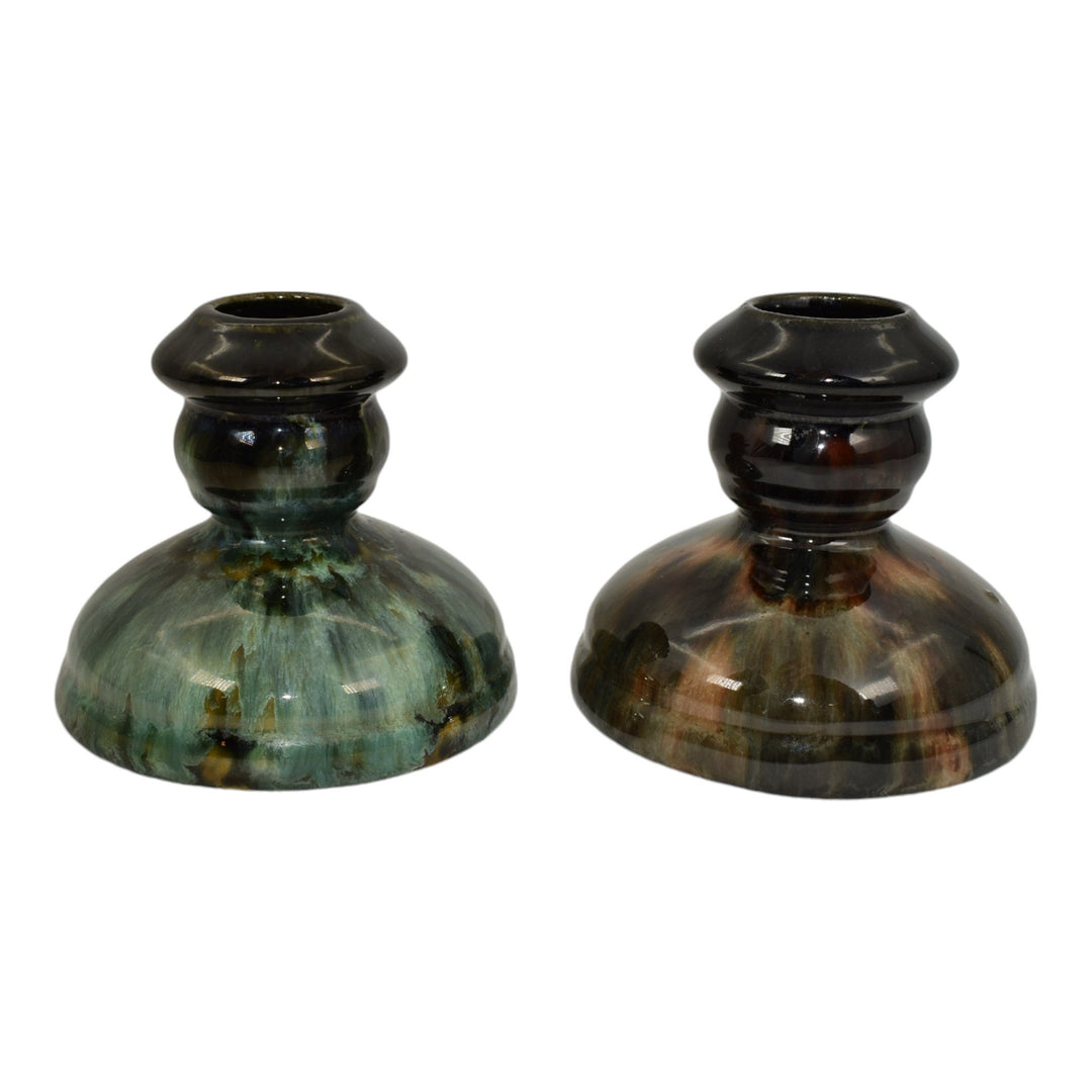 Brush McCoy Onyx 1930s Art Deco Pottery Green Brown Ceramic Candle Holders - Just Art Pottery