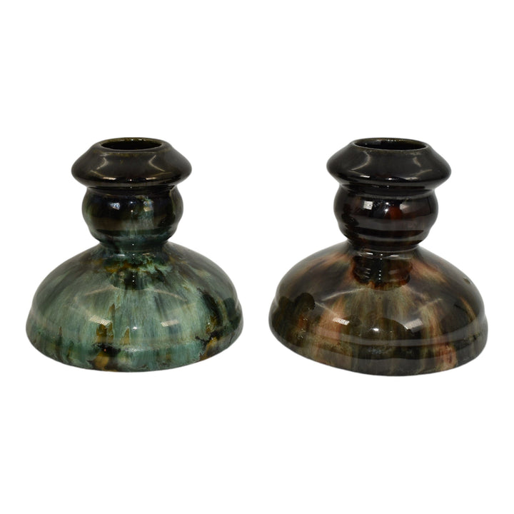 Brush McCoy Onyx 1930s Art Deco Pottery Green Brown Ceramic Candle Holders - Just Art Pottery