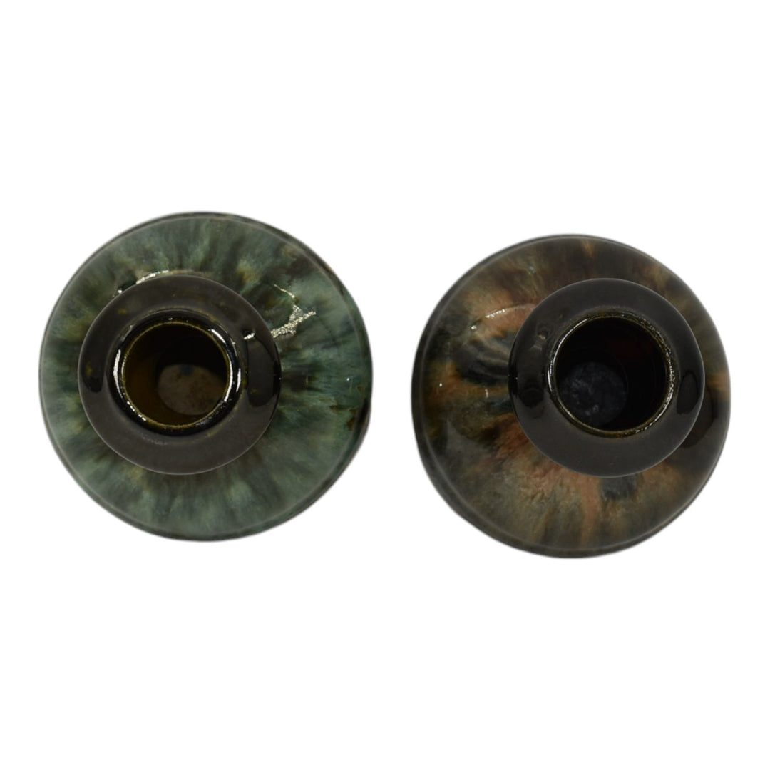 Brush McCoy Onyx 1930s Art Deco Pottery Green Brown Ceramic Candle Holders - Just Art Pottery