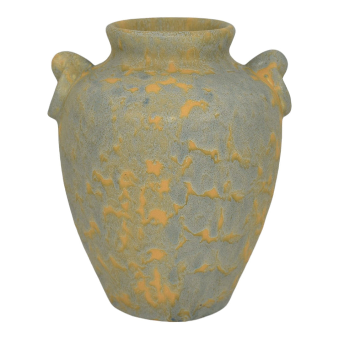 Camark Vintage Art Deco Pottery Mottled Blue and Yellow Ceramic Vase