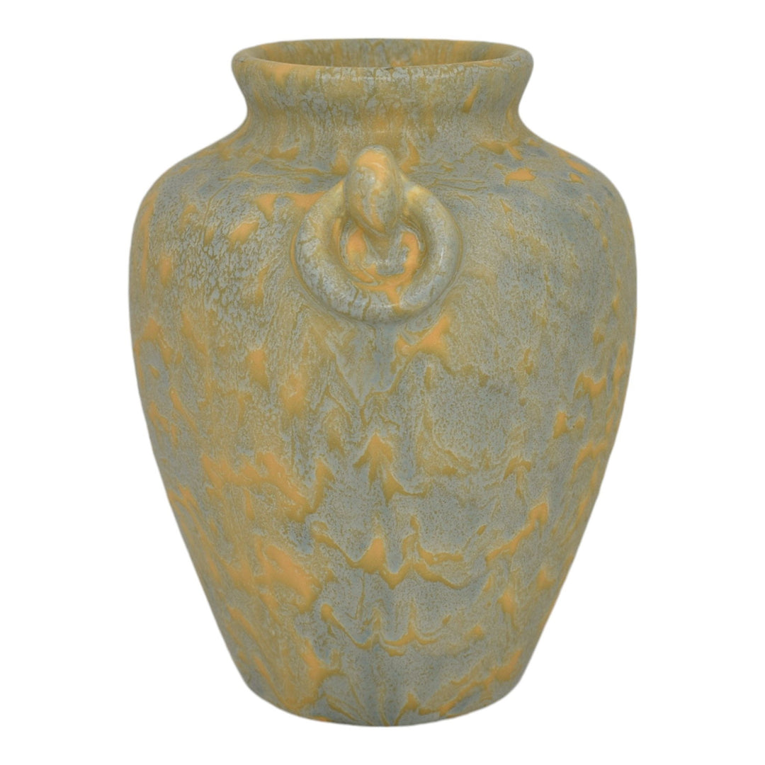 Camark Vintage Art Deco Pottery Mottled Blue and Yellow Ceramic Vase
