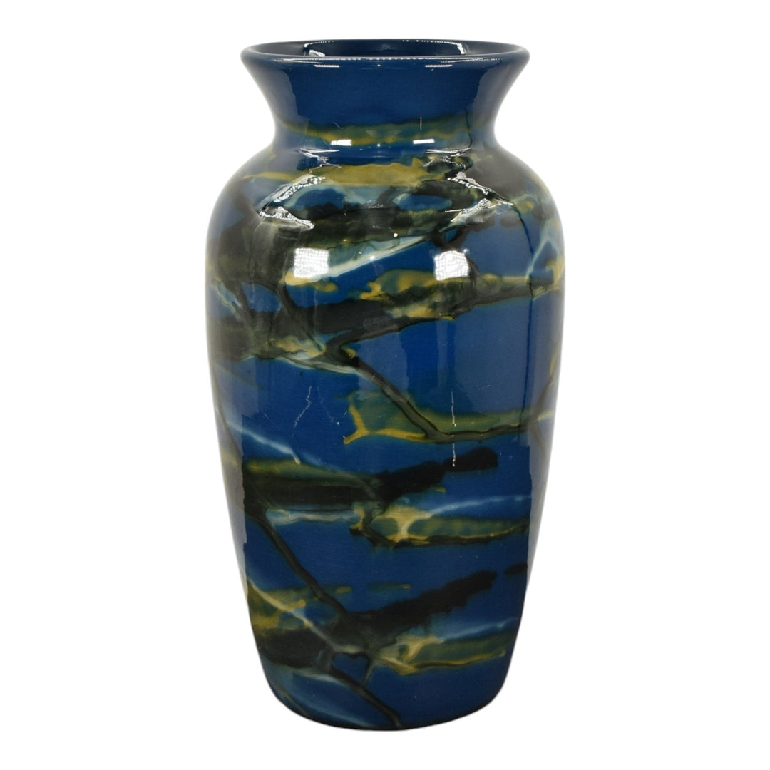 Peters and Reed Marbleized 1920s Pottery Blue and Yellow Ceramic Vase Shape 48