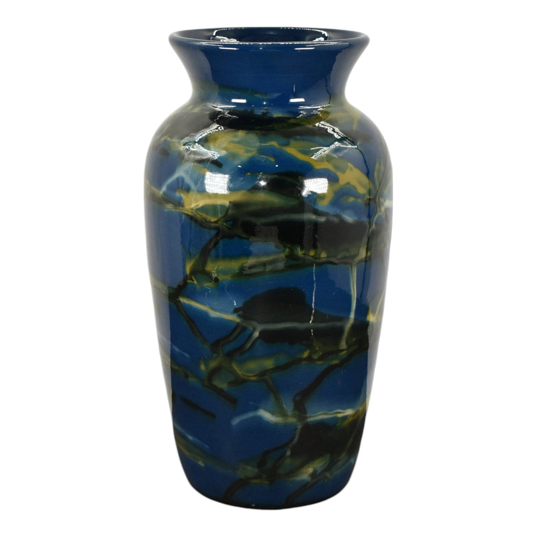 Peters and Reed Marbleized 1920s Pottery Blue and Yellow Ceramic Vase Shape 48 - Just Art Pottery