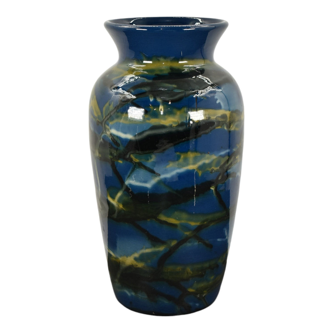 Peters and Reed Marbleized 1920s Pottery Blue and Yellow Ceramic Vase Shape 48