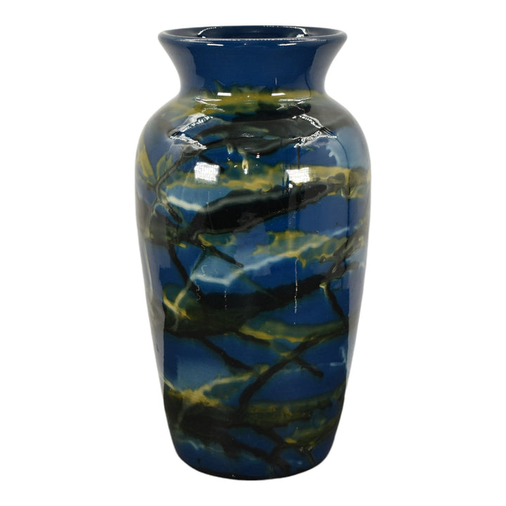 Peters and Reed Marbleized 1920s Pottery Blue and Yellow Ceramic Vase Shape 48