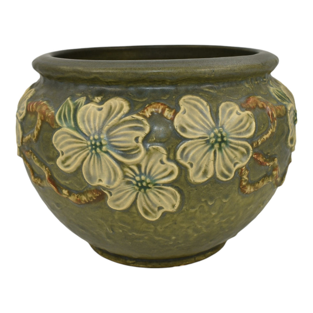 Roseville Dogwood Textured Green 1926 Pottery Ceramic Jardiniere Planter 608-6