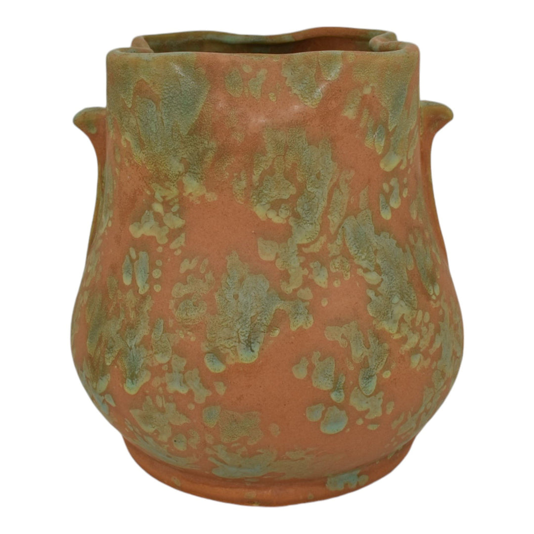 Weller 1930s Vintage Art Deco Pottery Orange Green Mottled Ceramic Vase - Just Art Pottery