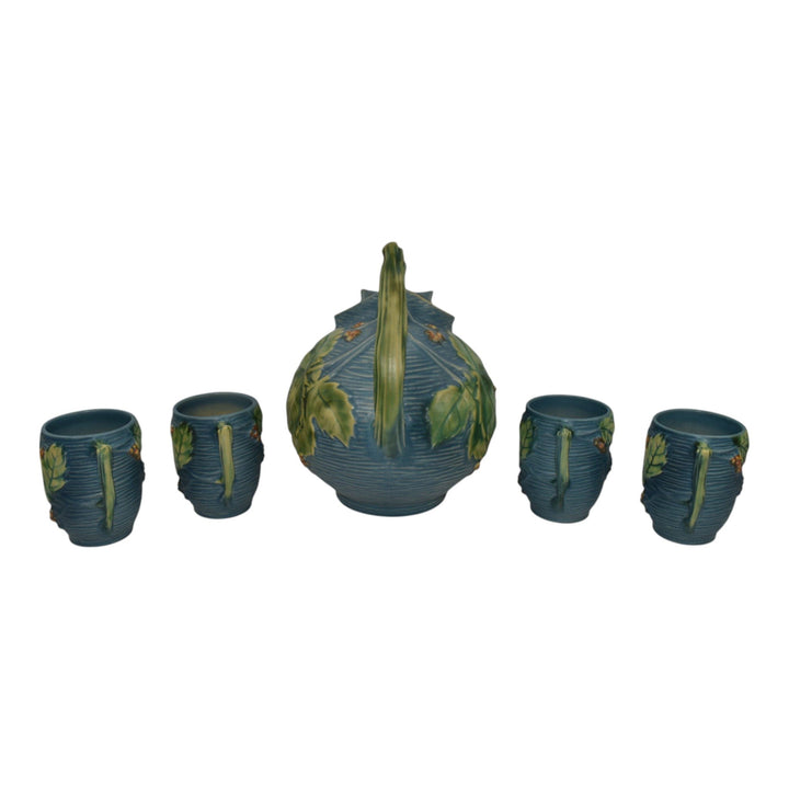 Roseville Bushberry Blue 1941 Mid Century Modern Pottery Ice Lip Pitcher 1325 - Just Art Pottery