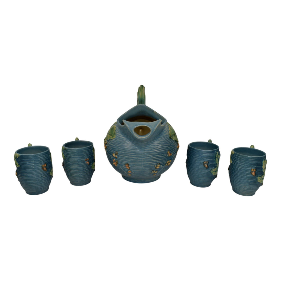 Roseville Bushberry Blue 1941 Mid Century Modern Pottery Ice Lip Pitcher 1325 - Just Art Pottery