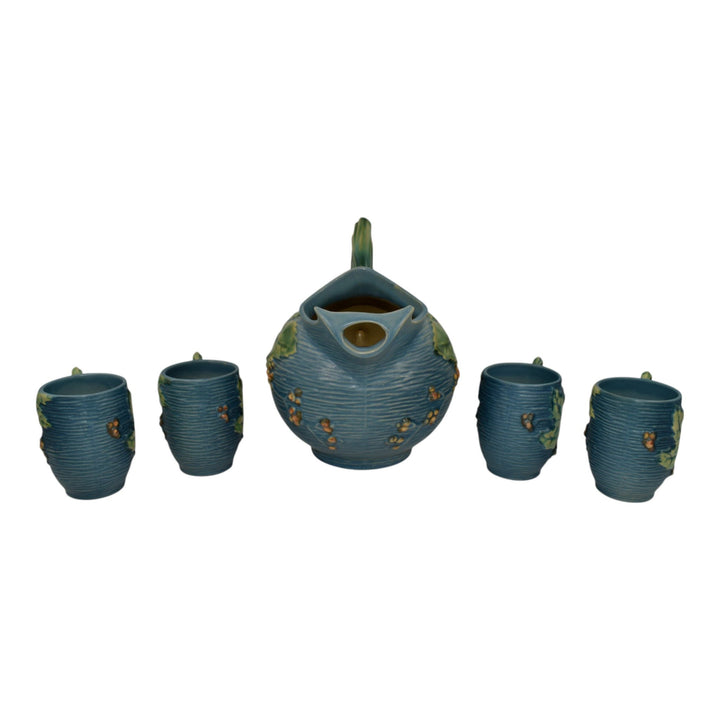 Roseville Bushberry Blue 1941 Mid Century Modern Pottery Ice Lip Pitcher 1325 - Just Art Pottery