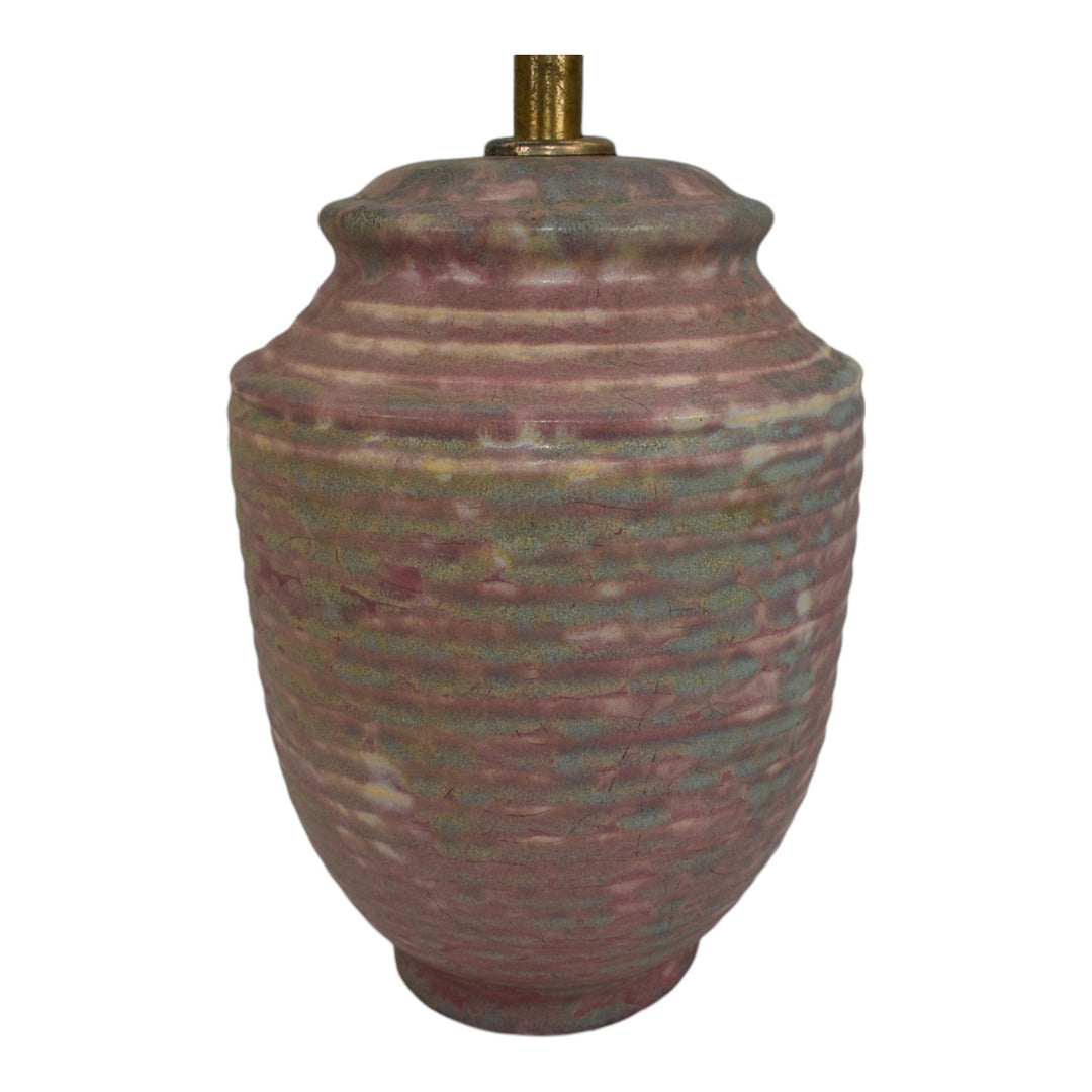 Burley Winter 1930s Vintage Art Deco Pottery Mottled Blue Over Red Ceramic Lamp - Just Art Pottery