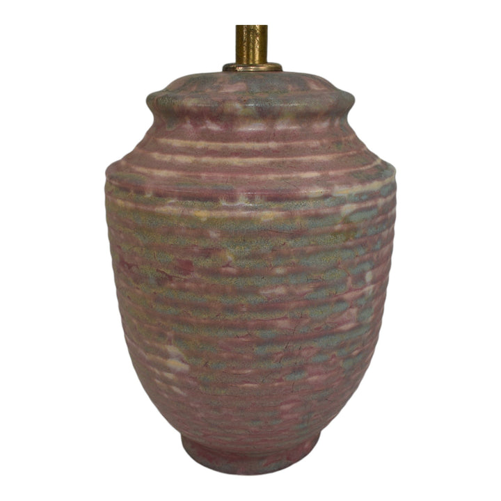 Burley Winter 1930s Vintage Art Deco Pottery Mottled Blue Over Red Ceramic Lamp - Just Art Pottery