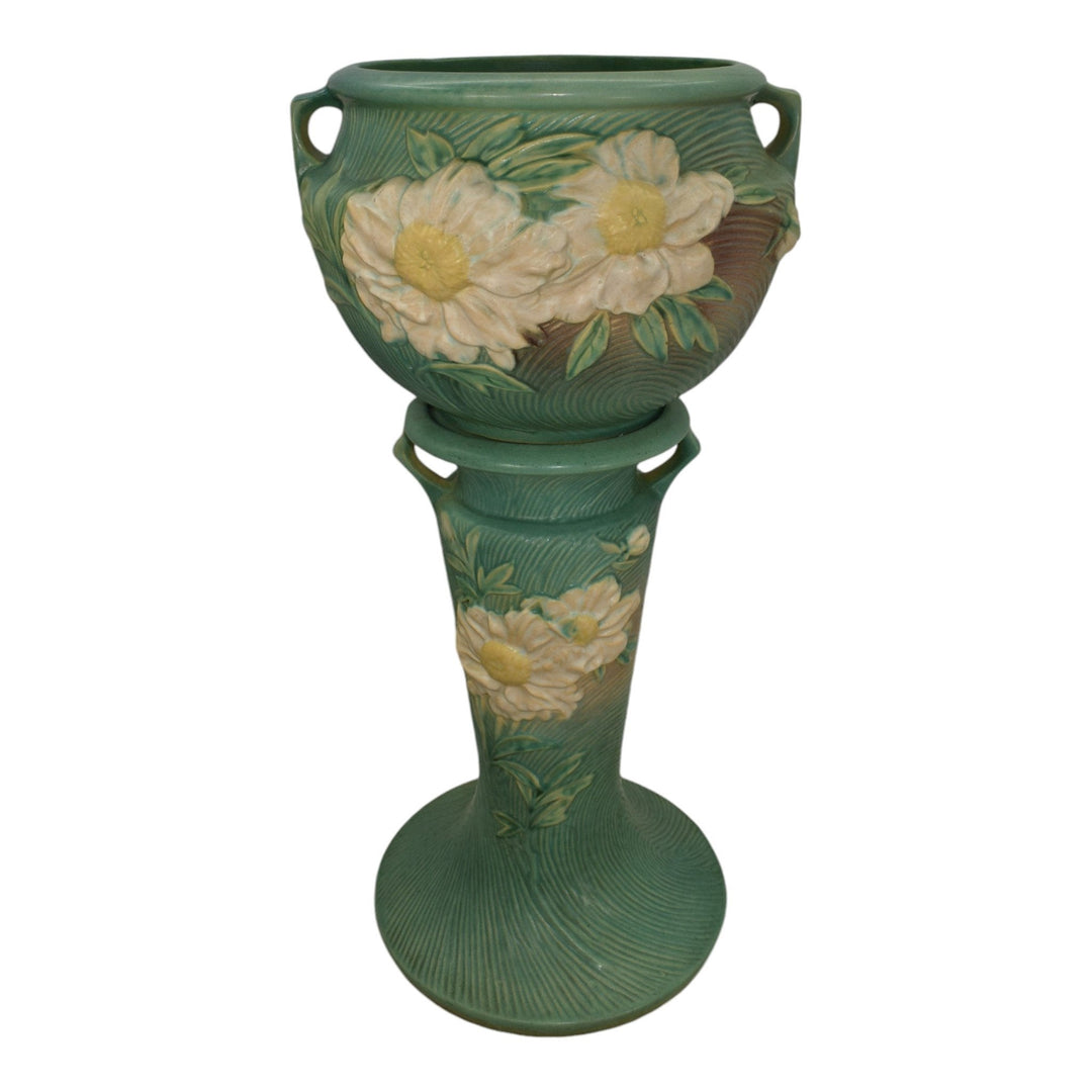 Roseville Peony Green 1942 Vintage Art Pottery Jardiniere And Pedestal 661-8