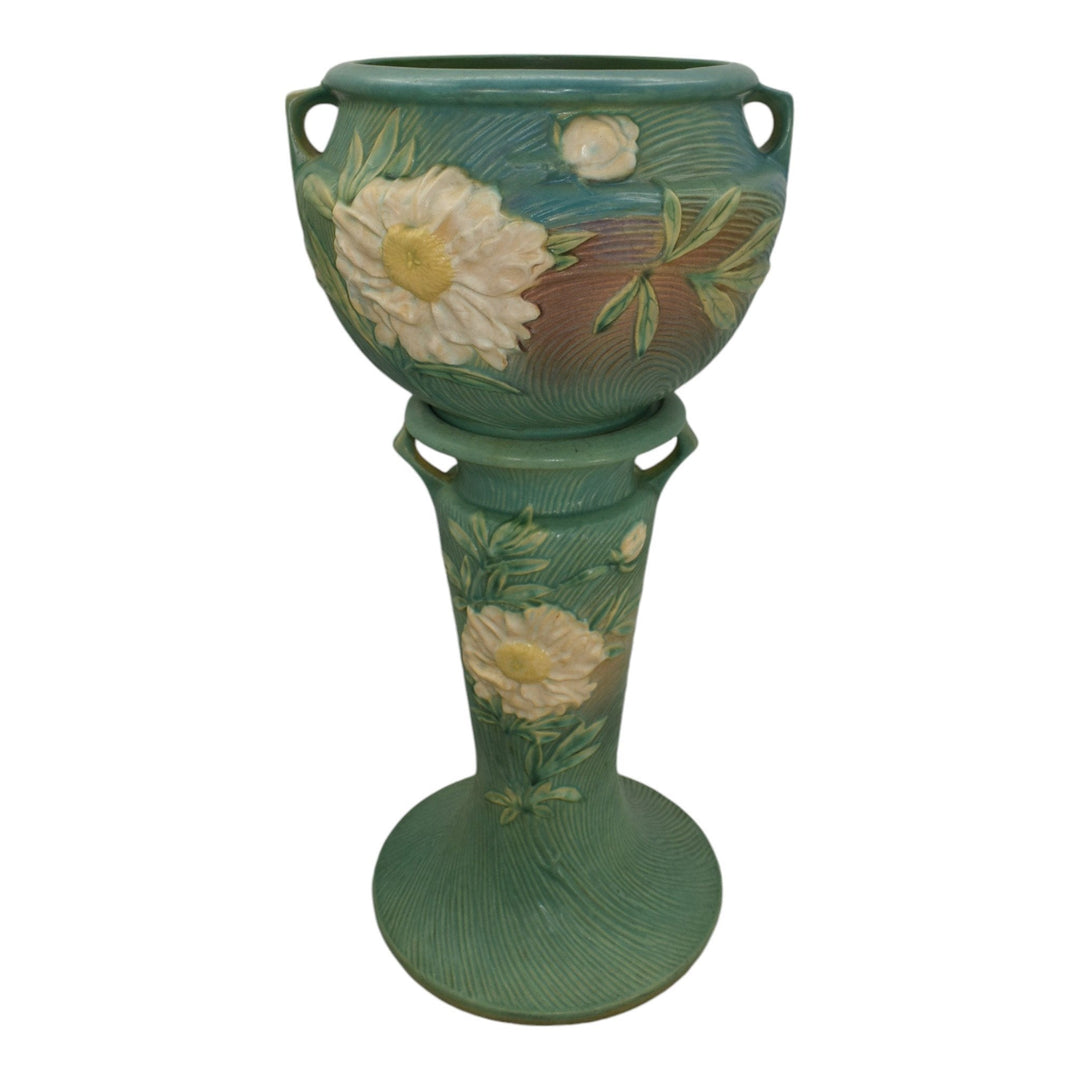 Roseville Peony Green 1942 Vintage Art Pottery Jardiniere And Pedestal 661-8