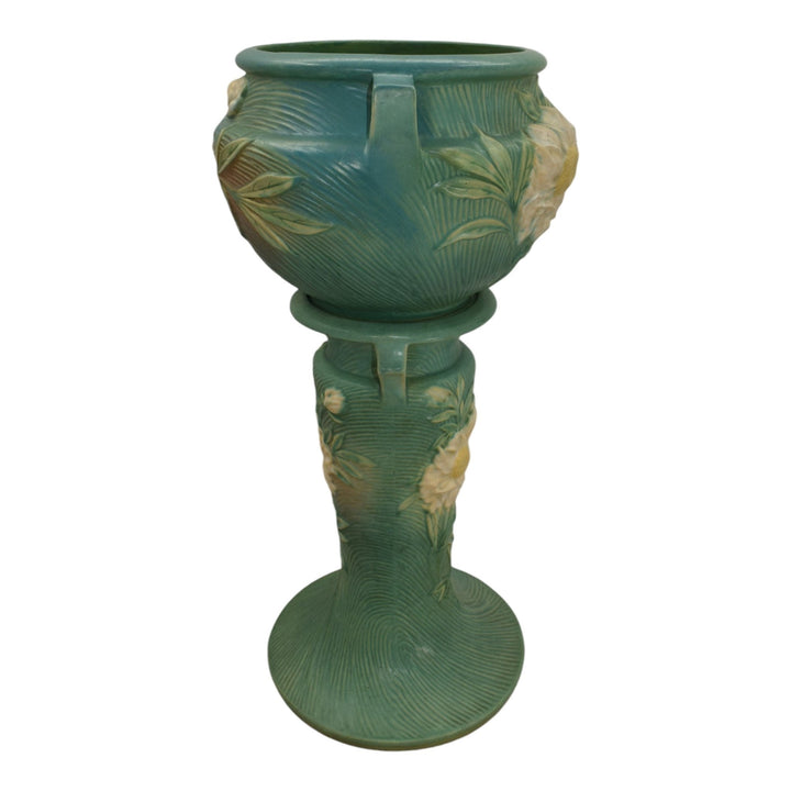 Roseville Peony Green 1942 Vintage Art Pottery Jardiniere And Pedestal 661-8