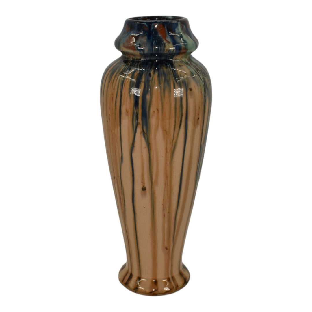 Peters and Reed Shadow Ware 1920s Art Pottery Blue Tan Drip Ceramic Vase 775 - Just Art Pottery