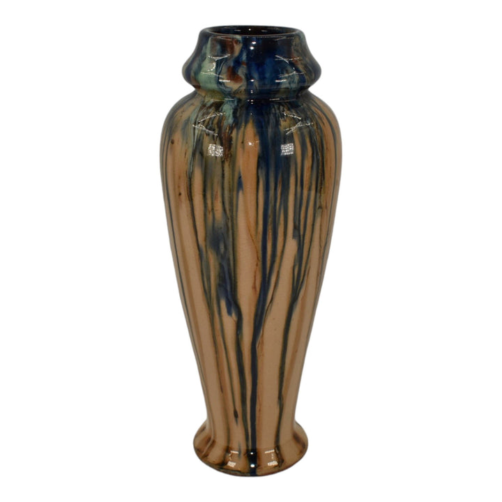 Peters and Reed Shadow Ware 1920s Art Pottery Blue Tan Drip Ceramic Vase 775 - Just Art Pottery