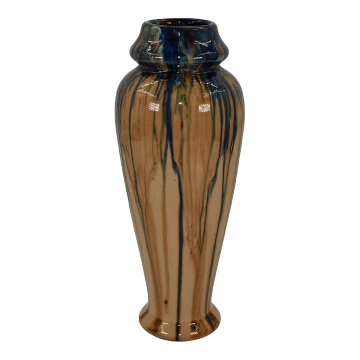 Peters and Reed Shadow Ware 1920s Art Pottery Blue Tan Drip Ceramic Vase 775 - Just Art Pottery