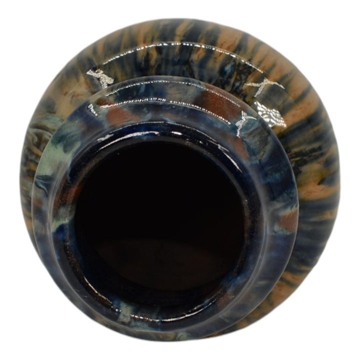 Peters and Reed Shadow Ware 1920s Art Pottery Blue Tan Drip Ceramic Vase 775 - Just Art Pottery