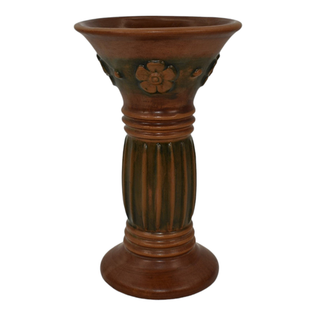 Weller Clarmont 1920s Vintage Art Pottery Floral Brown Ceramic Column Vase