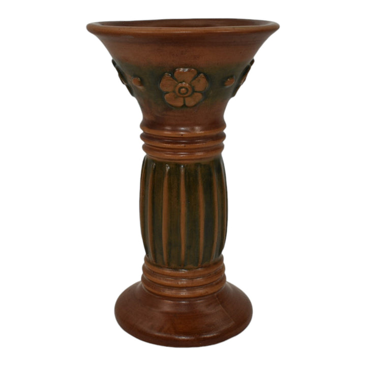 Weller Clarmont 1920s Vintage Art Pottery Floral Brown Ceramic Column Vase