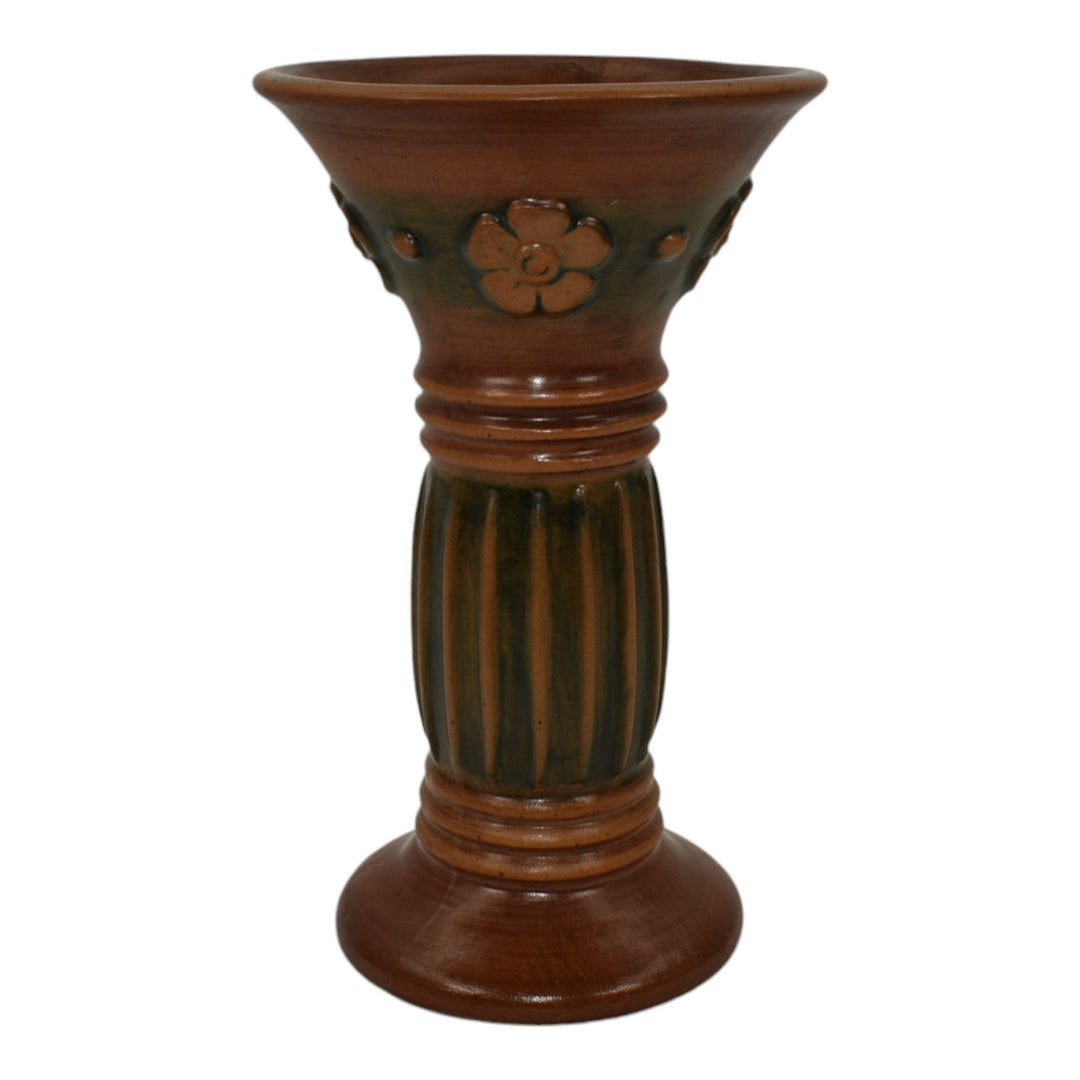 Weller Clarmont 1920s Vintage Art Pottery Floral Brown Ceramic Column Vase