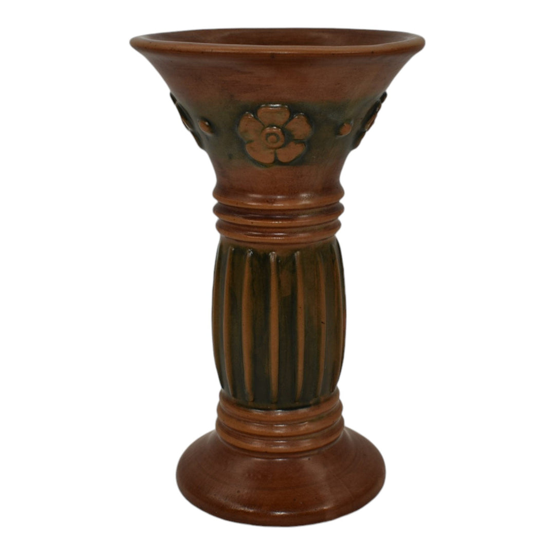 Weller Clarmont 1920s Vintage Art Pottery Floral Brown Ceramic Column Vase