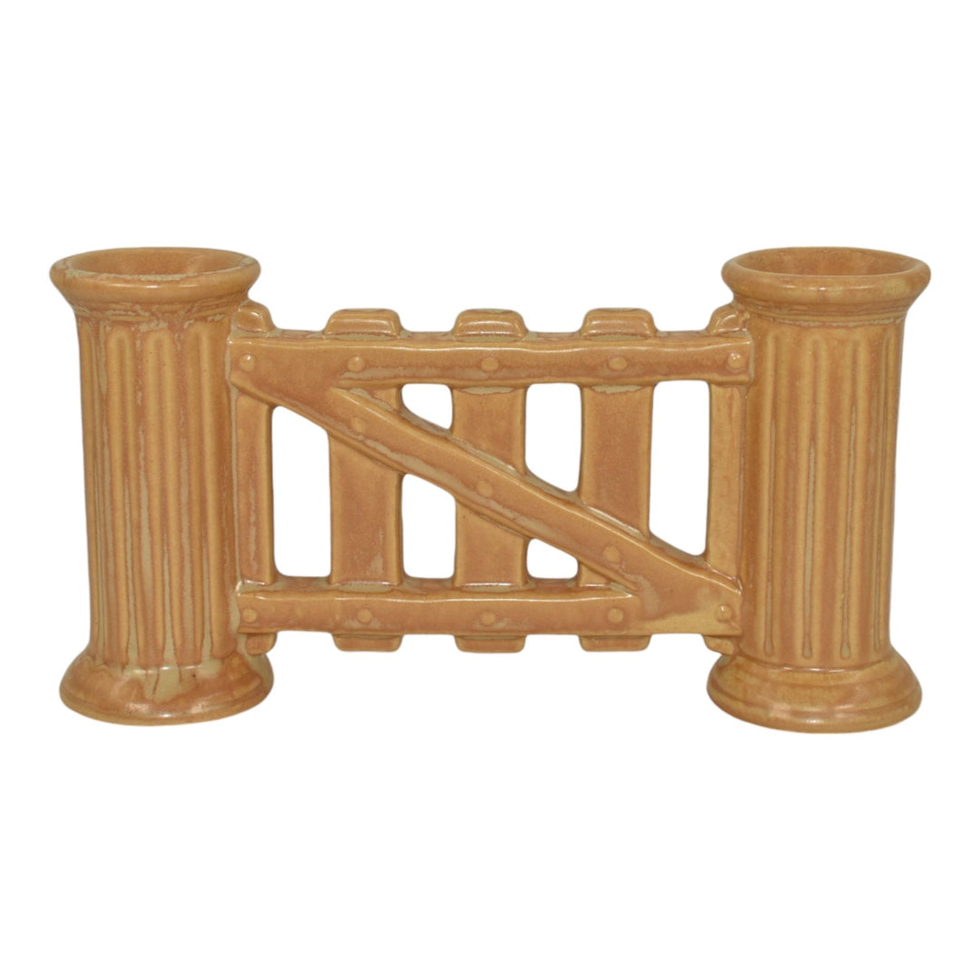 Roseville Matte Colors Yellow 1920s Vintage Art Pottery Double Bud Gate Vase 7 - Just Art Pottery