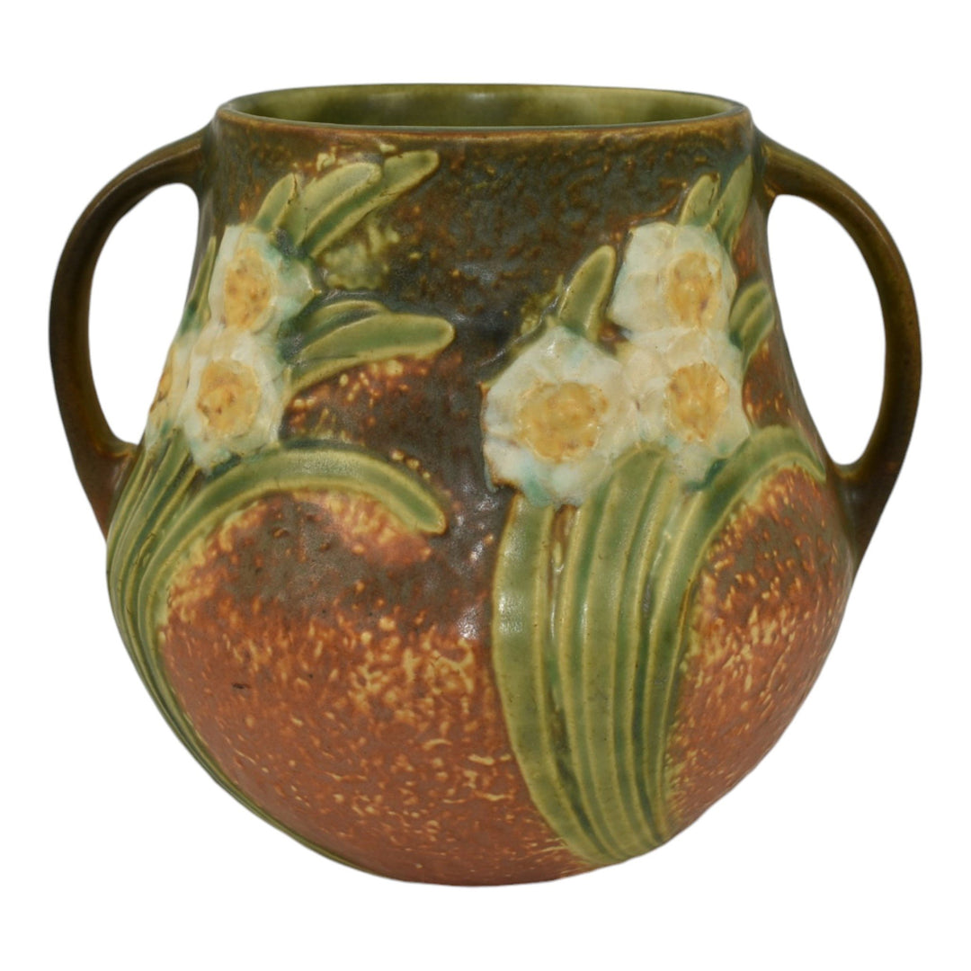 Roseville Jonquil 1931 Vintage Arts And Crafts Pottery Brown Handled Vase 526-6 - Just Art Pottery
