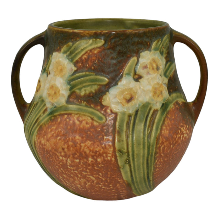 Roseville Jonquil 1931 Vintage Arts And Crafts Pottery Brown Handled Vase 526-6 - Just Art Pottery