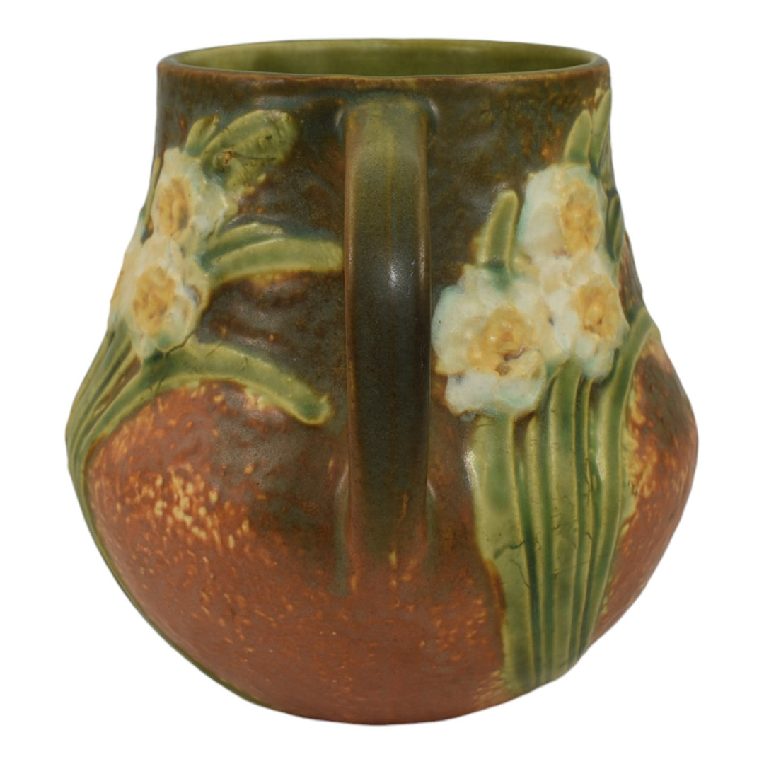 Roseville Jonquil 1931 Vintage Arts And Crafts Pottery Brown Handled Vase 526-6 - Just Art Pottery