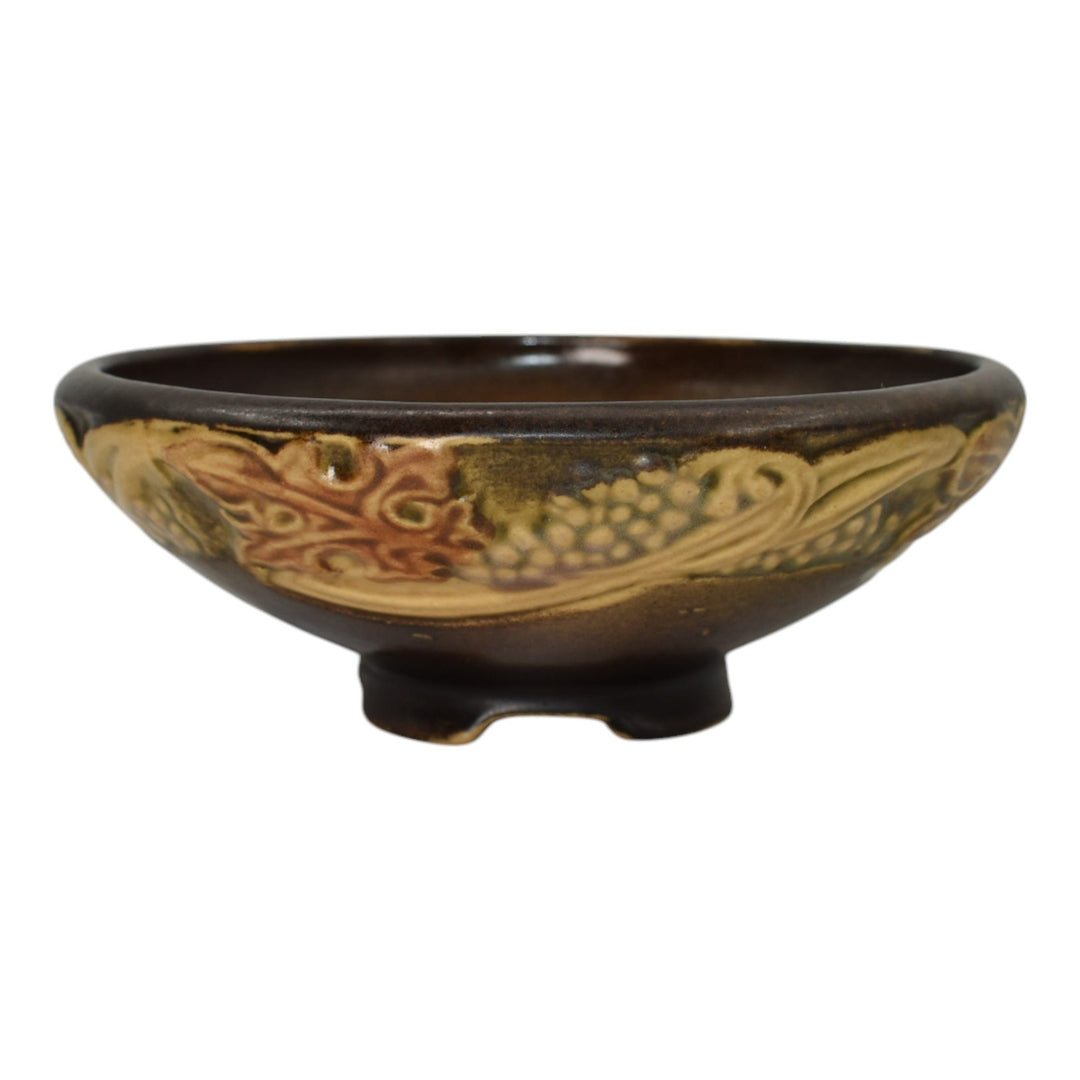 Roseville Rosecraft Vintage Brown 1925 Arts And Crafts Pottery Footed Bowl 141-5 - Just Art Pottery
