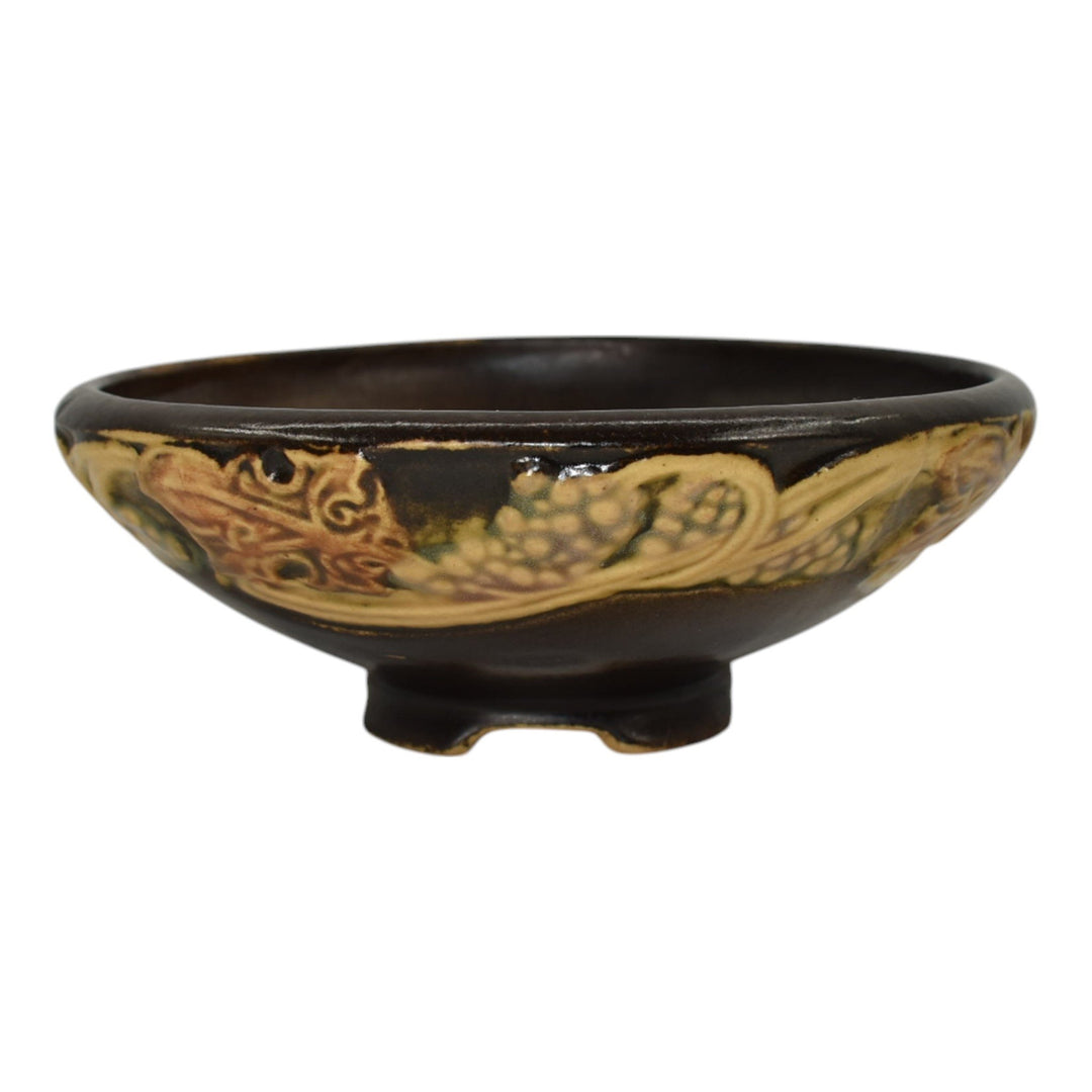Roseville Rosecraft Vintage Brown 1925 Arts And Crafts Pottery Footed Bowl 141-5 - Just Art Pottery
