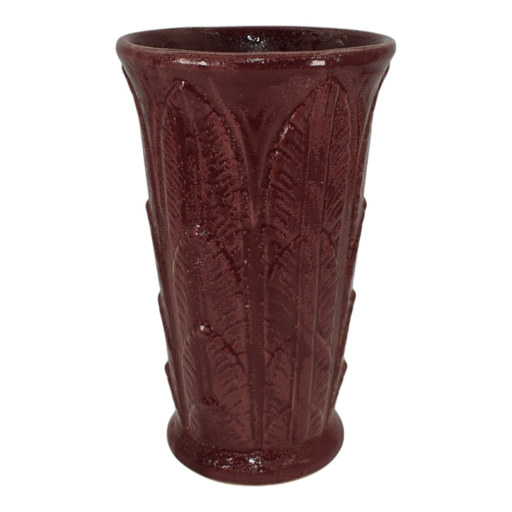 Robinson Ransbottom 1950s Vintage Ohio Pottery Leaves Feathers Burgundy Red Vase