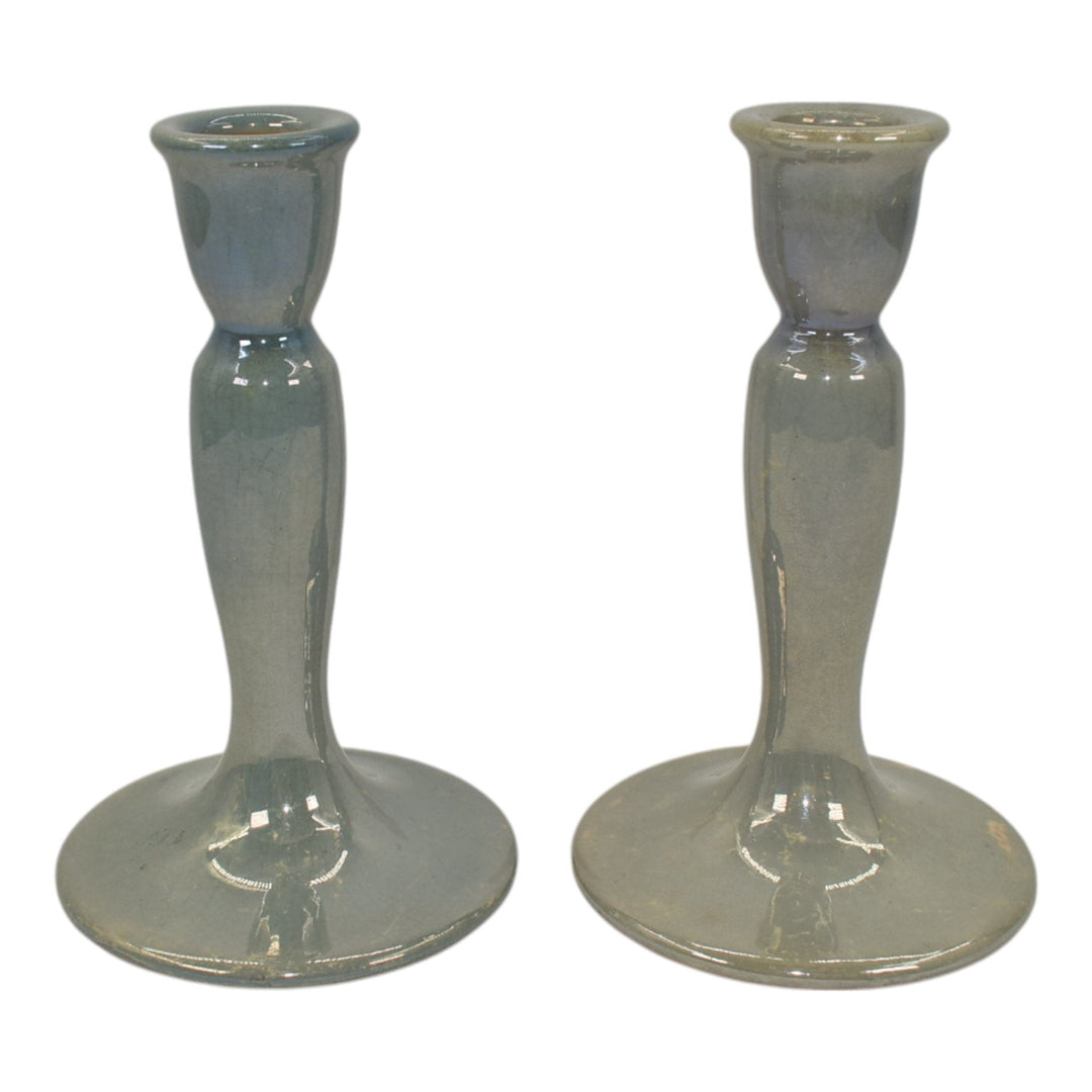 Roseville Lustre Blue 1922 Vintage Art Deco Pottery Ceramic Candle Holders