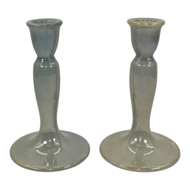 Roseville Lustre Blue 1922 Vintage Art Deco Pottery Ceramic Candle Holders