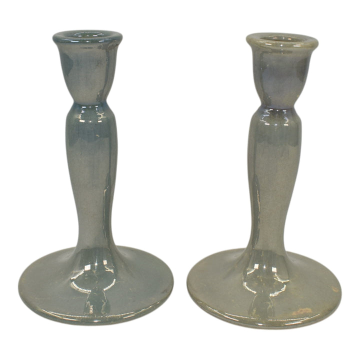 Roseville Lustre Blue 1922 Vintage Art Deco Pottery Ceramic Candle Holders