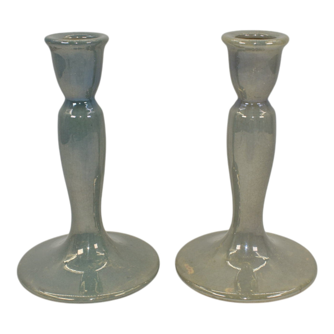 Roseville Lustre Blue 1922 Vintage Art Deco Pottery Ceramic Candle Holders