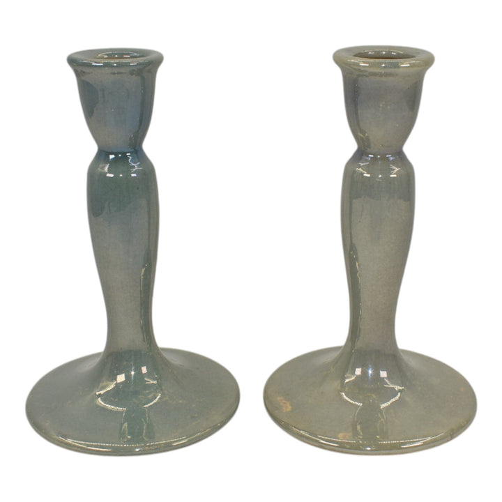 Roseville Lustre Blue 1922 Vintage Art Deco Pottery Ceramic Candle Holders