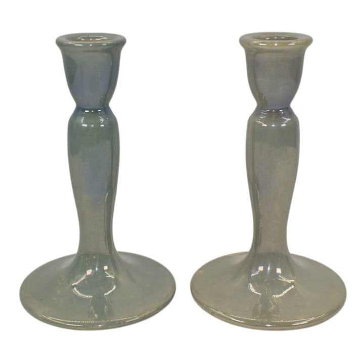 Roseville Lustre Blue 1922 Vintage Art Deco Pottery Ceramic Candle Holders