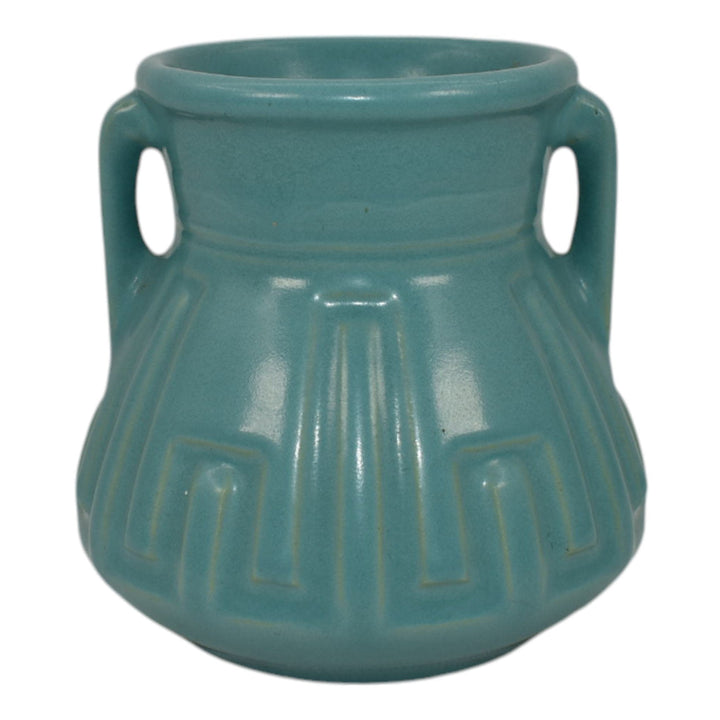 Roseville Solid Colors 1917 Art Deco Pottery Matte Aqua Blue Handled Vase 607-4