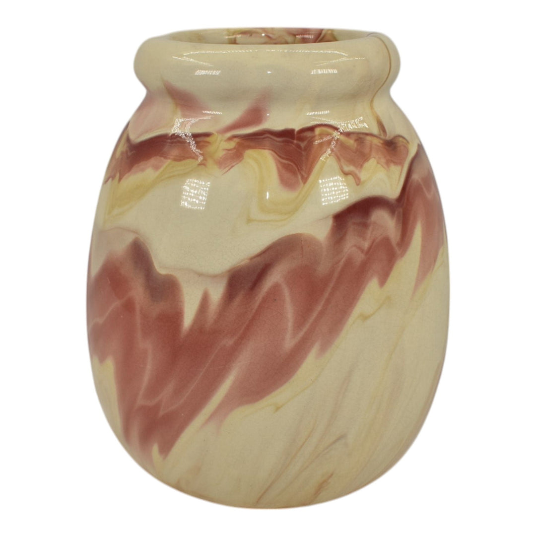 Weller Marbleized 1914 Vintage Art Pottery Pink Red Swirl Glaze Ceramic Vase