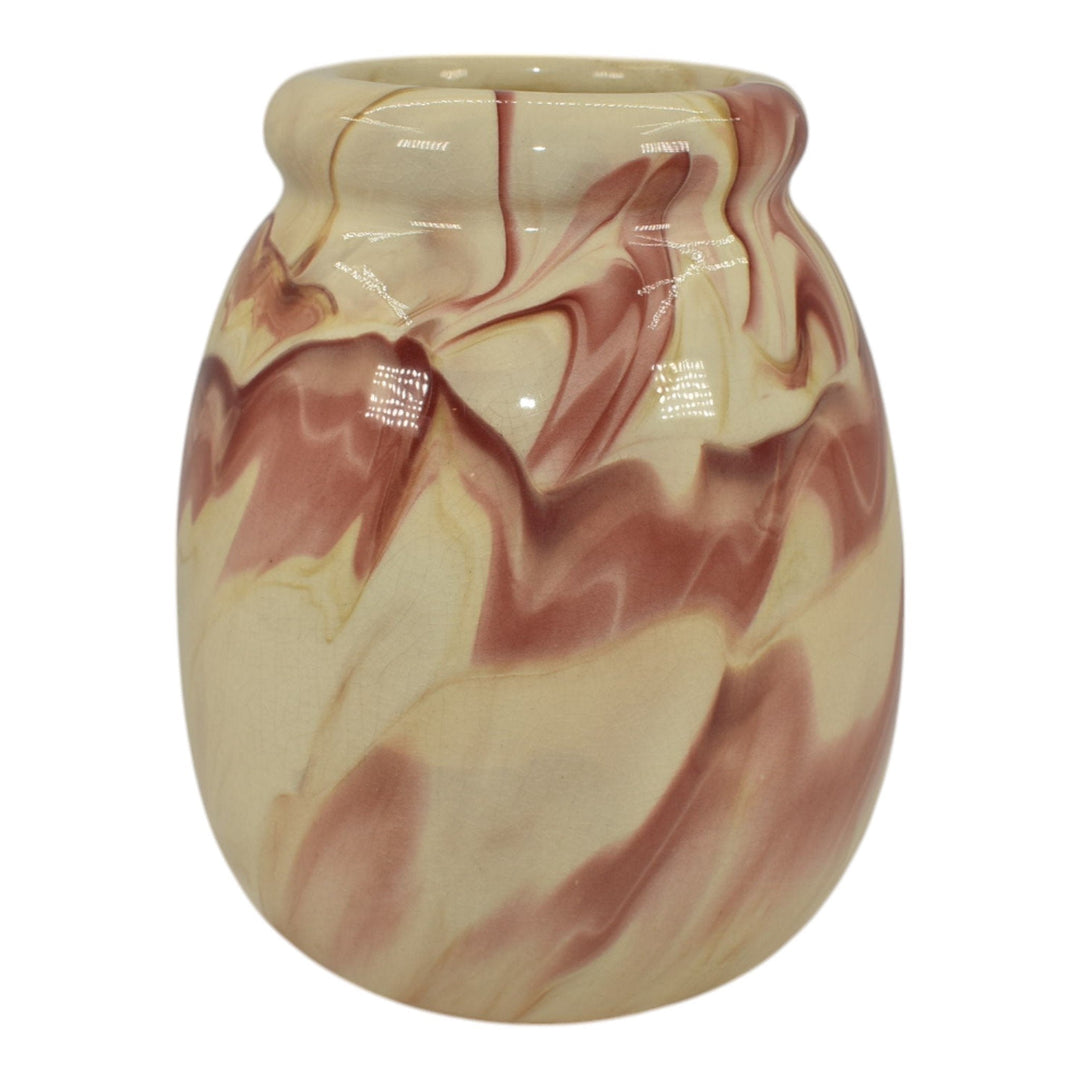 Weller Marbleized 1914 Vintage Art Pottery Pink Red Swirl Glaze Ceramic Vase