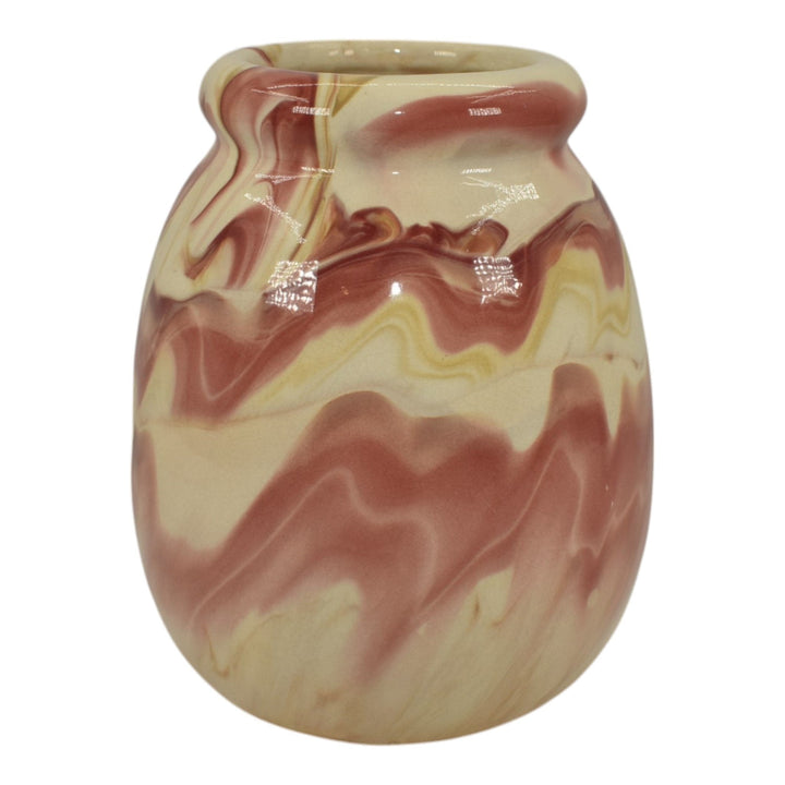 Weller Marbleized 1914 Vintage Art Pottery Pink Red Swirl Glaze Ceramic Vase